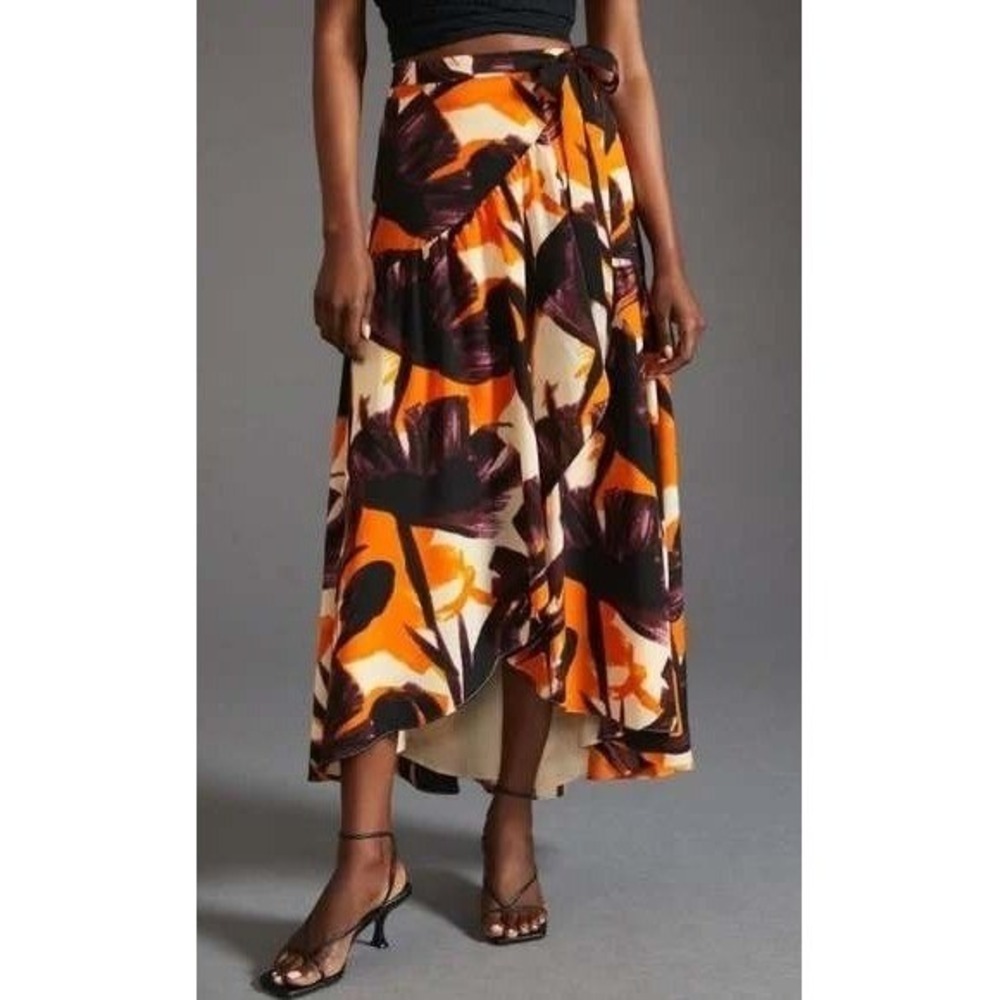 Hutch Wrap Skirt Womens XS Orange Floral High Low Ruffle Tiered Asymmetrical